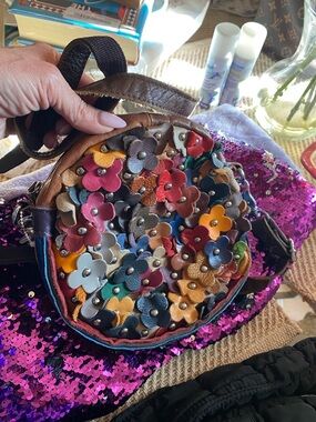 BO HO LEATHER Floral Appliqué Round Crossbody Bag